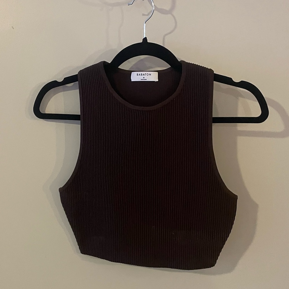NWOT. Babaton Ribbed High Neck Cropped Top. Medium. Chocolate Brown.